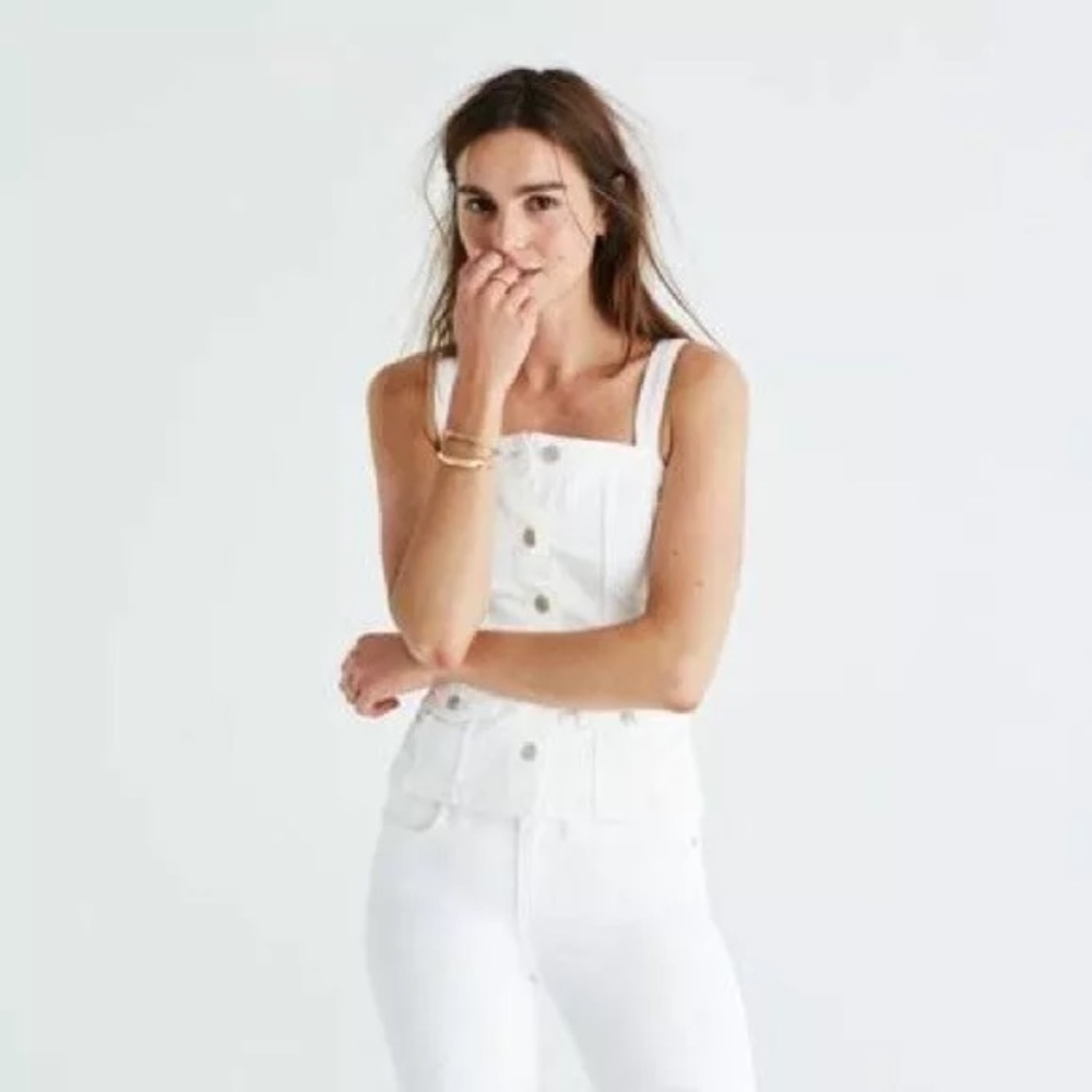 Madewell white denim button front crop top, 4